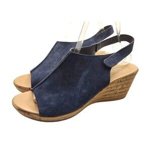 A. Giannetti Navy Suede Wedge Sandals With Open Toe & Velcro Strap-Size 7/7.5